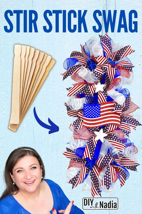 DOOR SWAG WREATH using STIR STICK | Patriotic DECO MESH Swag Wreath Garland Centerpiece DIY Tutorial Deco Mesh Swag, Patriotic Wreath Diy, Garland Centerpiece, Stick Wreath, Paint Stirrers, Centerpiece Diy, Patriotic Wreaths, 4th July Crafts, Wreath Garland