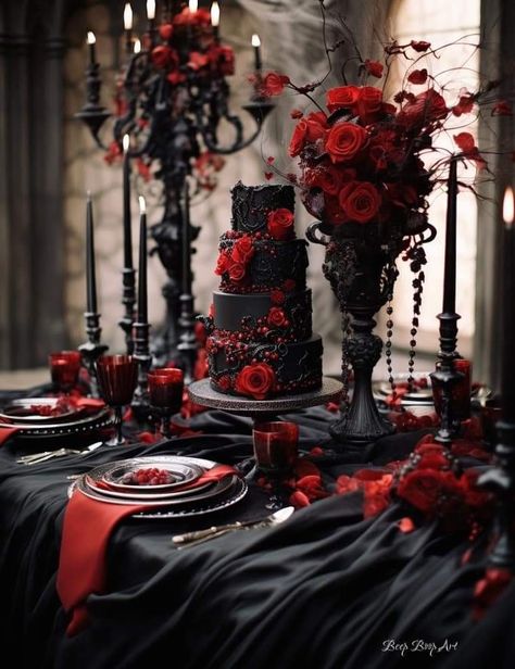 Gothic Birthday Party Ideas, Gothic Castle Wedding, Gothic Wedding Ideas, Gothic Wedding Cake, Dark Romantic Wedding, Gothic Wedding Theme, Vampire Wedding, Wedding Gothic, Black Red Wedding