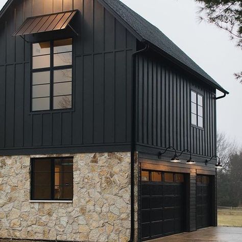 The 8 Options We're Deciding Between for Our Exterior! - Chris Loves Julia Black Garage Doors, Best Garage Doors, Black Houses, Board And Batten Siding, Casa Exterior, Exterior Remodel, Exterior Stone, Farmhouse Exterior, Board And Batten