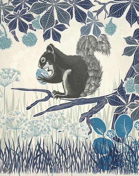 Squirrel Illustrations, Squirrel Illustration, Squirrel Pictures, Lino Block, Squirrel Art, Squirrel Print, Blue Art Print, Country Lane, Lino Cut