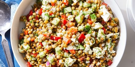 Lemony Lentil Salad with Feta Recipe | EatingWell Cherry Salad Recipes, Hot Weather Meals, Cherry Salad, Farro Salad Recipes, Cherries Salad, Salad With Feta, Whole Wheat Pita, Feta Recipes, Farro Salad