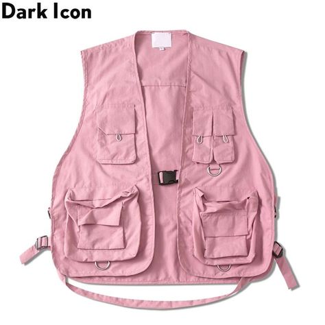 Japanese Streetwear Mens, Dad Core, Vest Streetwear, Harem Pants Hip Hop, Multi Pocket Vest, Streetwear Coat, Cargo Vest, Vest Men, Pink Vest