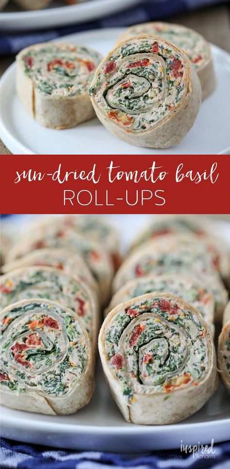 Tortilla Pinwheels, Pinwheel Sandwiches, New Year's Desserts, Pinwheel Appetizers, Roll Ups Recipes, Roll Ups Tortilla, Pinwheel Recipes, Roll Ups, Tomato Basil