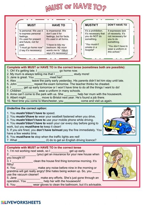 Must And Have To Worksheet, Modal Verbs, Reading Comprehension Kindergarten, English Language Test, English Teaching Materials, English Activities For Kids, Grammar Exercises, English Exercises, Teaching English Grammar