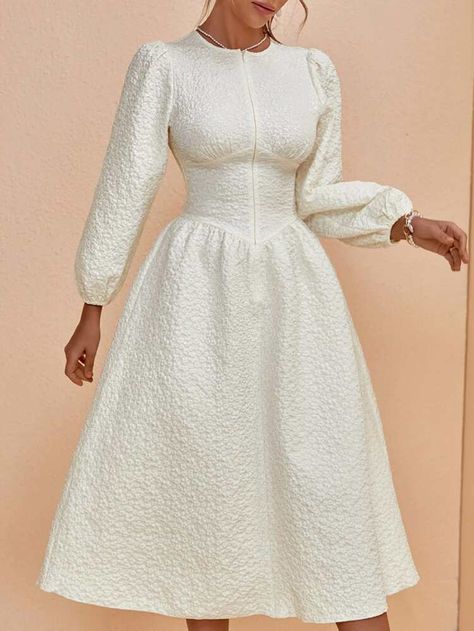 Free Returns ✓ Free Shipping On Orders $49+ ✓. Bishop Sleeve Zip Front Textured Dress- Women Dresses at SHEIN. Shein Dress, Textured Dress, Bishop Sleeve, White Midi Dress, Classy Dress, Modest Dresses, Women Dresses, Dress P, Style Me Pretty