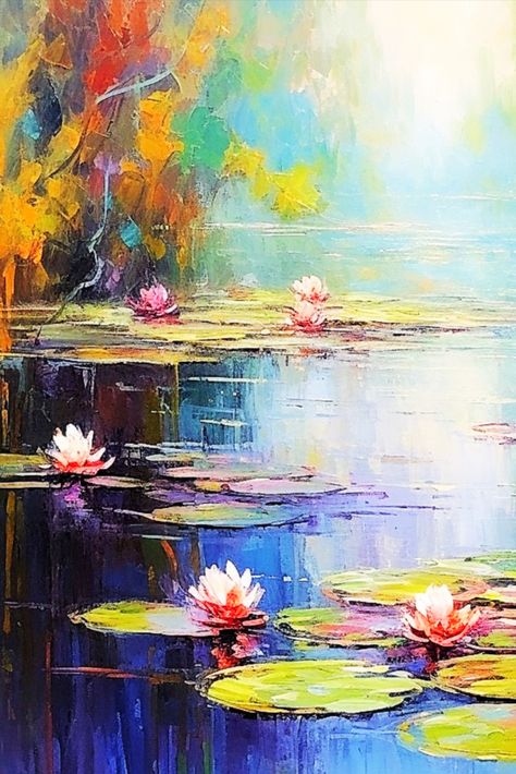 🌿 Step into tranquility with our 'Serene Lily Pads' print by Madeleine Locke. 🖼️ Capturing the calm of a quiet pond, vibrant waterlilies under soft sunlight. 🎨 #LandscapeArt Frogs On Lily Pads, Lily Pond Painting, Lilly Pond, Lotus Painting, Lake Painting, Modeling Paste, Painting Of Girl, The Calm, Bathroom Art