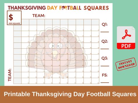 Printable Thanksgiving Day Football Squares PDF Football Squares Template Free Printable, Cowboy Thanksgiving, Football Squares Template, Football Fundraiser, Football Squares, Football Pool, Football Box, Square Printables, Thanksgiving Football