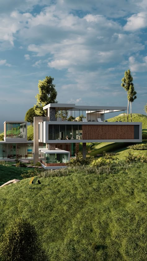 House on a Slope by Madineh Mohammadi|Visualization Tiered House Architecture, Modern House On Slope With Pool, Hillside Architecture Concept, House On Slope Design, House On A Slope Architecture, Slope House Design Architecture, Modern Long House, Slope House Plans, Building On A Slope