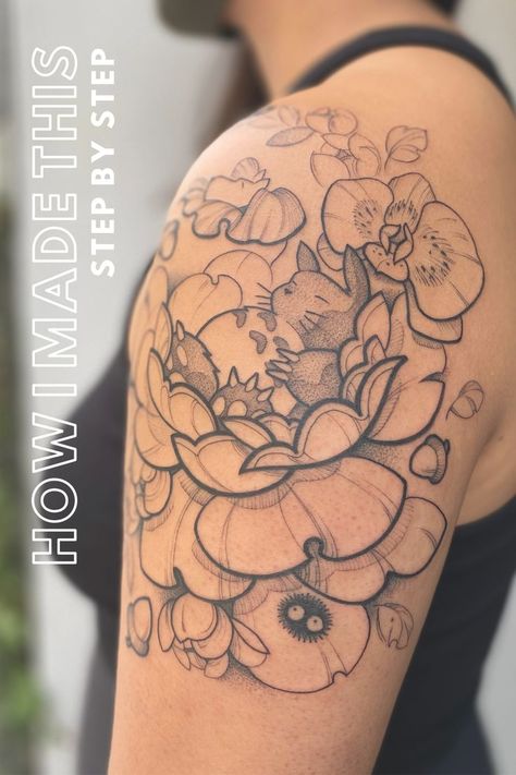 Shows a shoulder with fresh black linework tattoo of Totoro from Studio Ghibli, sleeping in flowers. With black line details and shading. My Neighbor Totoro Tattoo, Blackwork Floral Tattoo, Blackwork Floral, Totoro Tattoo, Tatuaje Studio Ghibli, Ghibli Tattoos, Dna Tattoo, Studio Ghibli Tattoo, Studio Ghibli My Neighbor Totoro