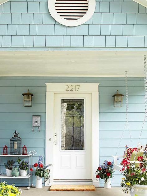 Light Blue House Exterior, Vintage House Exterior, Double Wide Remodel, Light Blue Houses, Beach House Exterior, Cottage Exterior, Exterior Paint Color, Modern Farmhouse Exterior, Farmhouse Exterior