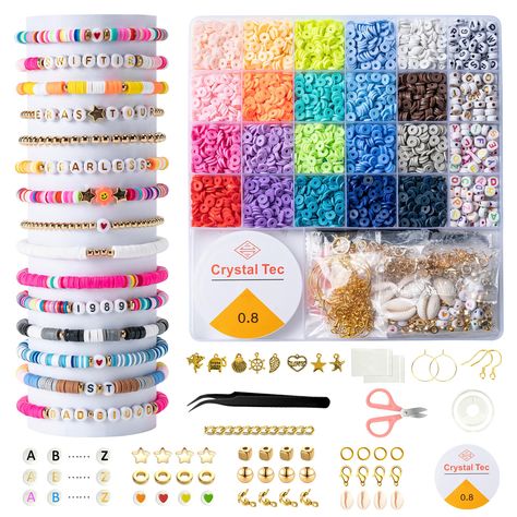 PRICES MAY VARY. 🧡【Beads & Bead Assortments】: 4500pcs flat polymer clay beads in 20 colors, 220pcs alphabet beads( A-Z) in 3 colors, 317pcs charms kit( contains star beads, flat beads, spacer beads, shells, pendants, jump rings, lobster clasp, etc.), 2 roll elastic strings, a scissors, a tweezersto, a upgraded version storage box for 25 boxes（Prevent the beads from mixing together), meet all your needs for bracelets making & jewelry making. 💙【Premium Quality Beads】: All of our beads are made o Friendship Bracelet Making, Clay Beads Bracelet, Bracelet Making Kit, Bday Wishlist, Bracelets Making, Cute Friendship Bracelets, Flat Beads, Wishlist 2024, Bracelet Kit