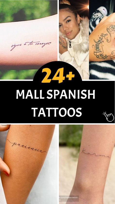 🌿 Seeking a small Spanish tattoo that celebrates nature and spirituality? Our talented team of artists can create intricate designs inspired by Spanish folklore and traditions. From mystical symbols to enchanting landscapes, we'll help you find a tattoo that connects you to the natural beauty of Spain. Embrace the magic of the Spanish culture through a small but meaningful tattoo! #SmallSpanishTattoos #NatureInspiredInk #SpiritualConnection Spain Inspired Tattoo, Spanish Tattoos Words Meaningful, Small Spanish Tattoos, Mexican Heritage Tattoos, Spanish Quotes Tattoos, Spanish Folklore, Spain Tattoo, Spanish Tattoos, Meaningful Symbol Tattoos