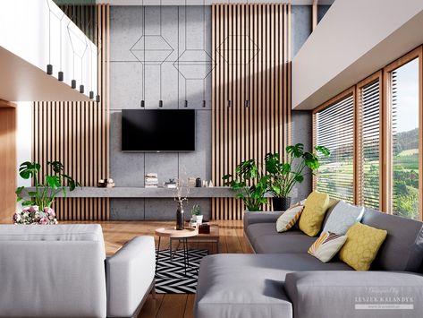 Small Double Height Living Room, Small High Ceiling Living Room Modern, Double Height Tv Wall Design, Modern Small House Design Simple, Living Room Double Height, Double Volume Living Room, High Ceiling Living Room Modern, Reapolstering Chairs, Apartment Fever