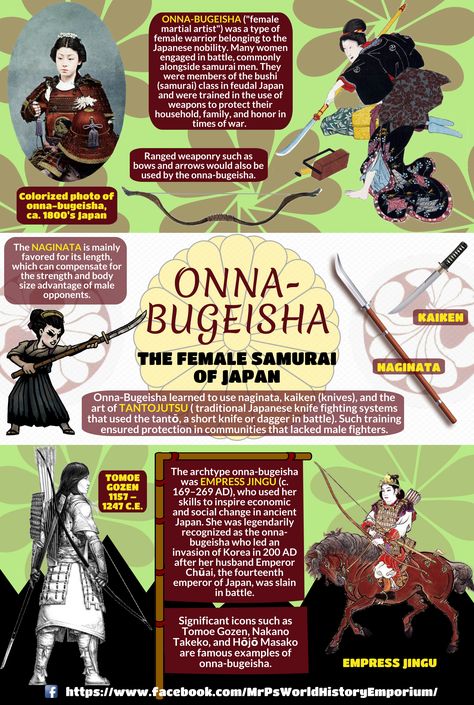 The fierce onna-bugeisha, female warriors of feudal Japan!  #OnnaBugeisha #JapaneseHistory #History #Samurai #MrPsHWE #Infographic #  https://www.facebook.com/MrPsWorldHistoryEmporium/ Japanese Gods And Goddesses, Samurai Knowledge, Japanese Deities, Yokai Art Japanese Mythology, Fantasy History, Onna Bugeisha, Samurai History, Japanese Myth, Trening Sztuk Walki