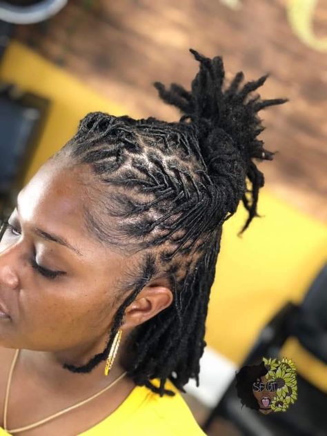 Lock Styles For Women Dreadlocks Updo, Starter Locs Professional Styles, Dreadlocks Styling For Women, Barrel Roll Updo Locs, Interlock Hairstyles Black Women, Small Loc Styles For Women, Wedding Guest Loc Styles, Short Locs Half Up Half Down, Black Women Dreads Styles