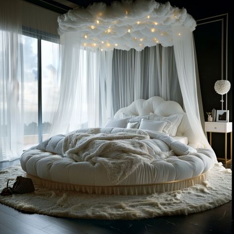 Dreamy Slumbers: Beds Designed to Float Amongst the Clouds Circle Beds Aesthetic, Round Bed Designs Bedrooms, Crazy Beds, Seashell Bed, Circular Bed, Weird Beds, Ocean Bed, Circle Bed, Bed For Girls Room