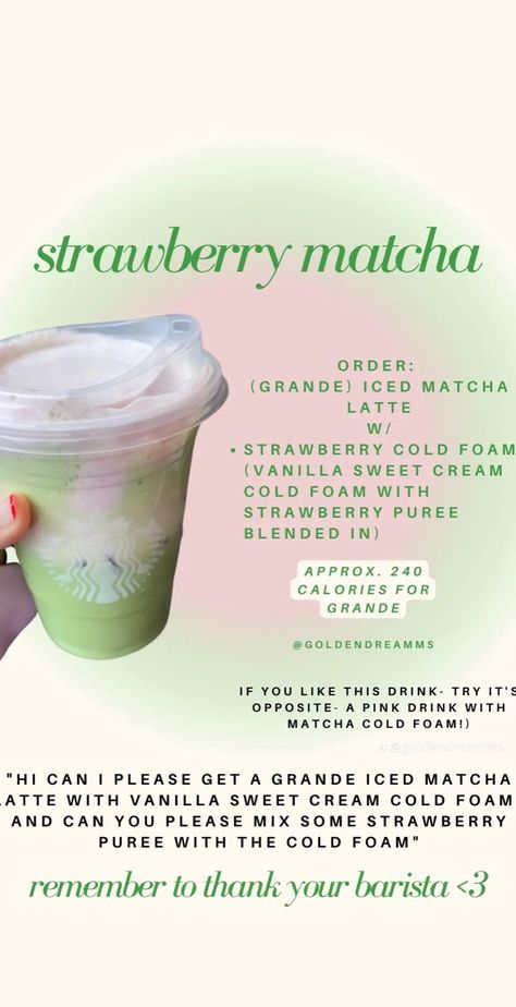 Starbucks Copycat Recipes Drinks, Low Calorie Starbucks Drinks, Starbucks Drink Menu, Starbucks Matcha, Starbucks Secret Menu Recipes, Cold Starbucks Drinks, Starbucks Drinks Diy, Secret Starbucks Recipes, Strawberry Matcha