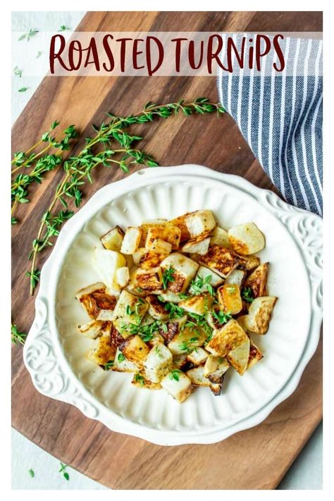 Roasted Turnips - a simple recipe for roasted turnips that gives you flavorful, tender results every time. This recipe is low carb, quick and easy. | #turnips #lowcarb #keto #turniprecipes #sidedish Turnips Recipe, Roasted Turnips, Turnip Recipes, Low Calorie Vegetables, Au Gratin Recipes, Meat Dish, Cabbage And Bacon, Turnip Greens, Root Vegetable