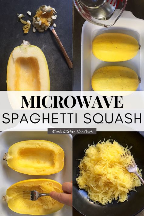 With very little time and effort, a bowl of healthy and delicious squash can be yours. Here's how to cook spaghetti squash in the microwave. #spaghettisquash #squash #weeknightdinner #cookinghacks #momskitchenhandbook Microwave Spaghetti Squash, Microwave Spaghetti, Spaghetti Squash Recipes Chicken, Spaghetti Squash Microwave, Spaghetti Squash Recipes Vegan, Pasta Recipes Easy Fast, Spaghetti Squash Recipes Healthy, Spaghetti Squash Recipes Easy, Cook Spaghetti Squash