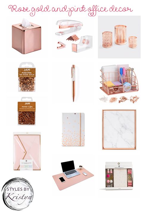 Rose Gold Office Work Spaces, Rose Gold Office Decor Inspiration, Supervisor Office, Purple Office Ideas, Pink And Gold Office, Rose Gold Office Decor, Stationary Organizer, Rose Gold Room Decor, Rose Gold Rooms