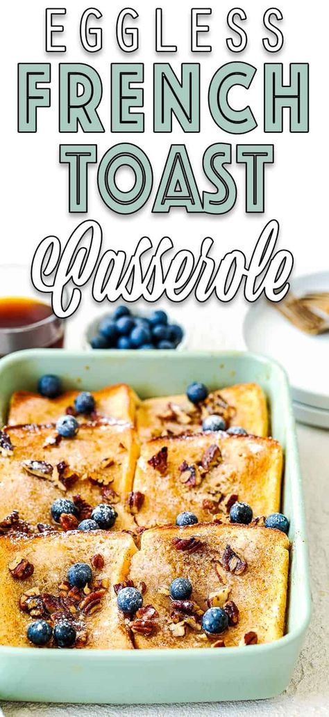 This Eggless French Toast Casserole is soft and fluffy on the inside, and golden brown and crunchy on top. An easy and simple breakfast recipe that everyone will love! AD @startbucks #recipe #eggless #eggfree #breakfast #brunch #frenchtoast #easy #eggallergy #egglessbaking Brioche Breakfast, Eggless French Toast, French Toast Without Eggs, Eggless Breakfast, French Toast Casserole Recipes, Eggless Recipes, Toast Casserole, Eggless Baking, Simple Breakfast