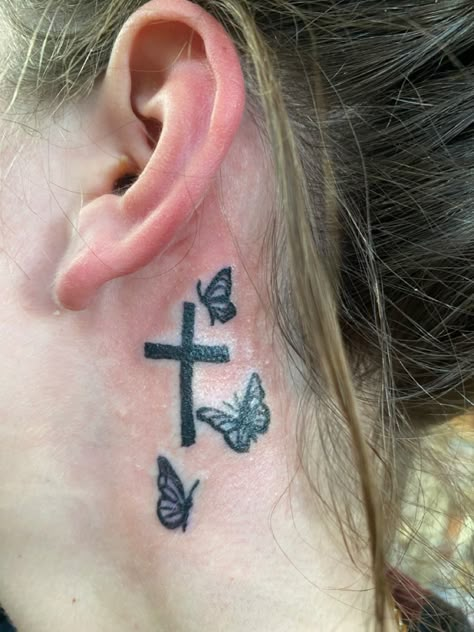 Behind Ear Tats Cross, Cross With Butterflies Tattoo, Behind The Ear Tattoo Ideas Cross, Cross Tattoo With Butterflies, Cross Neck Tattoo For Women, Butterfly With Cross Tattoo, Cross Tattoos For Women Behind The Ear, Behind Ear Cross Tattoo, Cross With Butterfly Tattoo