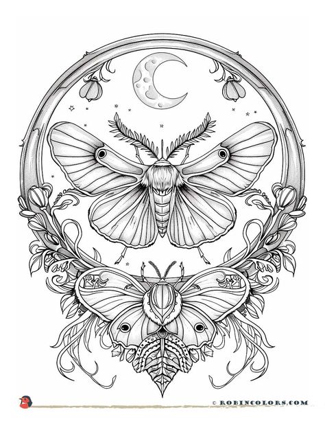 Gorgeous Luna Moth and Moon Coloring Page | Robin Colors Moth Coloring Page, Night Animals, Moon Coloring Pages, Luna Moth, Beautiful Moon, Coloring Book Art, Free Printable Coloring Pages, Printable Coloring Pages, Coloring Sheets