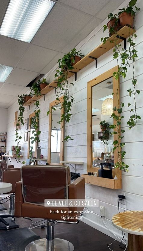 Hair Salon Plant Decor, Salons With Plants, Wooden Salon Decor, Boho Themed Hair Salons, Salon Plant Decor, Salon Greenery, Earthy Hair Salon, Salon Interior Design Green, Boho Hair Salon Ideas