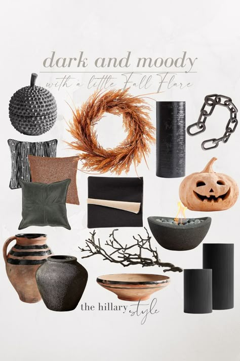 Pottery Barn Fall Decor, Moody Fall Decor, Pottery Barn Fall, Home Texture, Minimalist Fall Decor, Pottery Barn Halloween, Elegant Fall Decor, Moody Home, Dining Room Library