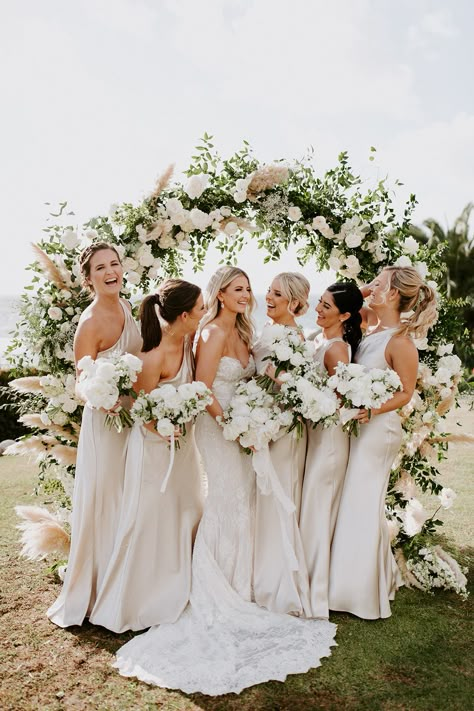 Ivory Wedding Dress With Bridesmaids, White Themed Wedding Bridesmaid Dresses, All White Bridesmaids Dresses, Gold And White Bridesmaid Dresses, Wedding White Bridesmaid Dresses, Wedding Party White Dresses, Bridesmaid In White Dresses, Silk White Bridesmaid Dresses, Soft Champagne Bridesmaid Dresses