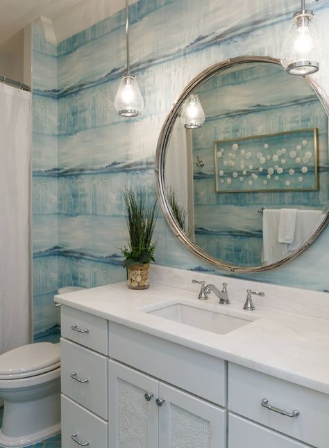 beach house bathroom with turquoise wallpaper Blue Shower Tile, Beach Home Interiors, Beach Style Bathroom, Beach House Bathroom, Coastal Wallpaper, Serene Bathroom, Coastal Bathroom, White Shiplap Wall, Turquoise Wallpaper