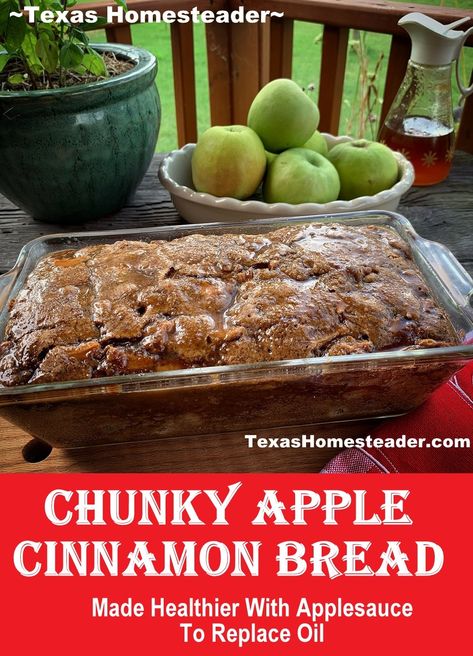 Chunky Apple Bread Made Healthier With Applesauce Replacing Oil. ~ Texas Homesteader ~ Easy Applesauce Bread, Applesauce Bread Healthy, Quick Apple Bread Easy Recipes, Applesauce Bread Easy, Moist Apple Bread Recipe, Apple Loaf Bread, Moist Apple Bread, Solar Oven Recipe, Recipe Using Applesauce