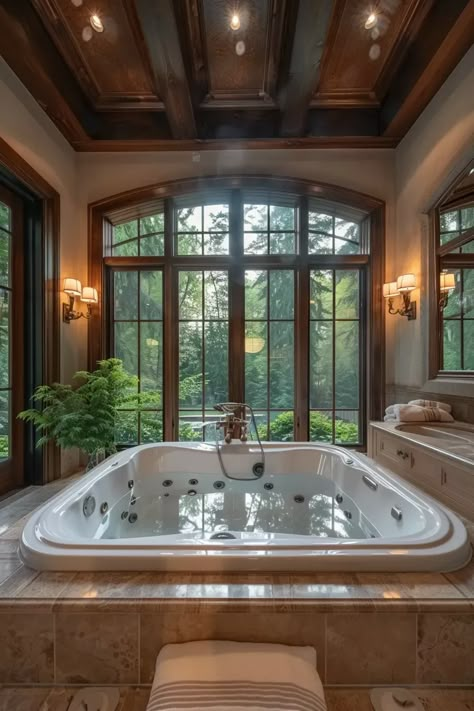 Jacuzzi Tub Bathroom, Jacuzzi Bathroom, Huge Bathtub, Master Patio, Dream Bathroom Ideas, Primary Bathrooms, Big Bathtub, Spiritual Baths, Lake Bathroom