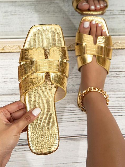 Glamorous Slide Sandals For Women, Metallic Crocodile Embossed Flat Sandals for Sale Australia| New Collection Online| SHEIN Australia Gold Hermes Sandals, Gold Sandals Flat, Gold Slippers, Elegant Sandals, Cute Slippers, Slippers Pattern, Summer Slippers, Chic Type, Square Toe Heels