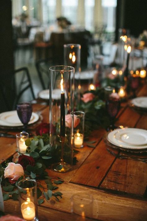 Dinner Candles Romantic, Rustic Boho Fall Wedding Table Decor, Candles And Garland Centerpiece, Black Taper Candle Centerpiece, Taper Candles With Glass Sleeves Wedding, Fake Taper Candles, Dark Romantic Table Setting, Romantic Dinner Party Table, Black Candles Wedding Table