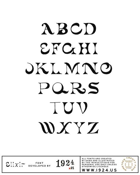 The Elixir font was developed by the 1924 team as an homage to the very, very days of old: back in the medieval times! The font, which showcases a more whimsical (but still quite bold) nuance, is great for personal projects and commercial uses alike. The font is fully functioning and has both sentence and title case av Victorian Font Typography, Sign Fonts Hand Lettering, Witchy Font Alphabet, Medieval Typography Design, Nature Fonts Alphabet, Funky Fonts Alphabet, Folk Font, Aesthetic Fonts Handwriting, Creative Lettering Fonts