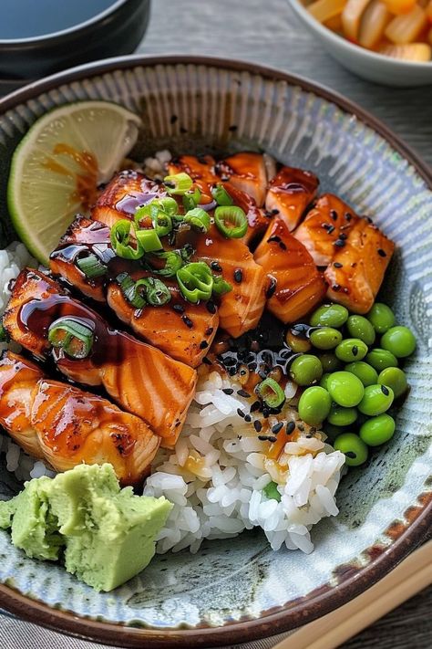 Smoked Salmon Sushi Bowls, Salmon Avocado Cucumber, Salmon Edamame, Sushi Rice Bowl, Marinate Salmon, Salmon Cubes, Teriyaki Salmon Bowl, Salmon Sushi Bowl, Cooked Sushi