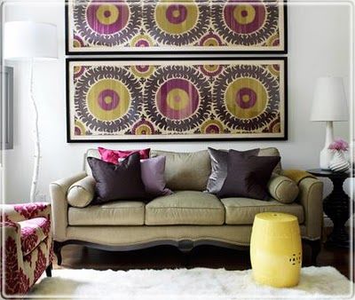 Yellow and Purple living room tones: Yellow and Purple living room tones Ikat Chair, Benjamin Moore Cloud White, Vibrant Living Room, White Branches, Suzani Fabric, Purple Rooms, Fabric Wall Art, White Floor Lamp, Framed Fabric