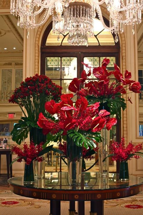 Floral with anthuriums Hotel Flower Arrangements, Red Flower Arrangements, Jeff Leatham, Hotel Flowers, Large Floral Arrangements, Corporate Flowers, Unique Flower Arrangements, Red Wedding Flowers, Church Flowers