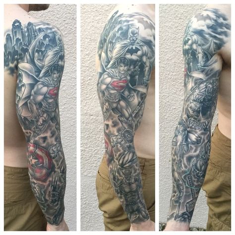 Batman Comic Tattoo, Comic Tattoo Design, Colin Tattoo, Batman Tattoo Ideas, Batman Tattoo Sleeve, Dc Tattoos, Marvel Sleeve, Marvel Tattoo Sleeve, Jake Tattoo