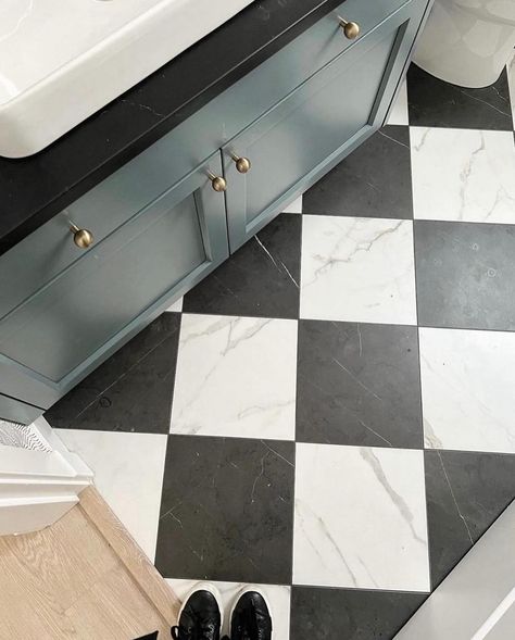 Who is a fan of the classic checkered floor? 🙋‍♀️ #havesomefun #interiors #checkeredfloor Checkered Powder Room, Black And White Checkered Floor Powder Room, Black And Blue Powder Room, Checkboard Floor Bathroom, Black And White Powder Room Floor, Black And White Tile Powder Room, Powder Room Checkered Floor, Fun Laundry Room Design, Check Bathroom Floor