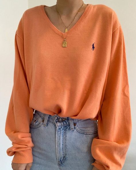 Orange Shirt Outfit, Vintage Ralph Lauren Sweater, Linen Shirts Women, Orange Outfit, Orange Shirt, Vintage Ralph Lauren, Ralph Lauren Sweater, Mode Vintage, College Outfits