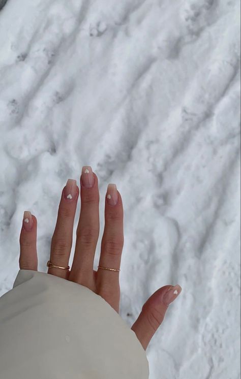 White Hearts On Nails, Heart Line Nails, Nude With Hearts Nails, Small White Heart Nails, Clear Nails With White Hearts, Milky White Nails With Pink Heart, Neutral Valentines Day Nails, Light Pink Nails With White Design, Milky White Nails With Heart Design