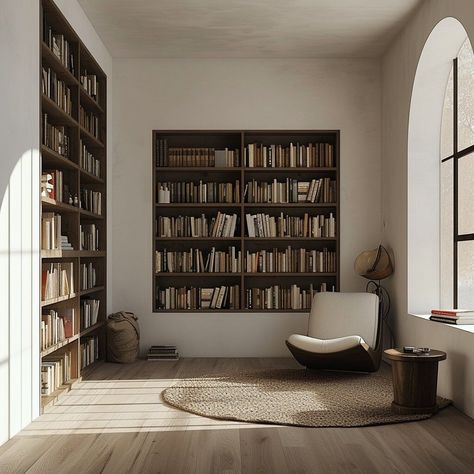 Sustainable Living Room Decor Ideas Study Room Decor Library, Home Office Narrow, Sparse European Room, Spare Room Library, Huge Library Aesthetic, Wall Bookshelves Living Room, Bookshelf Living Room Ideas, Aesthetic Home Library, Old Library Room