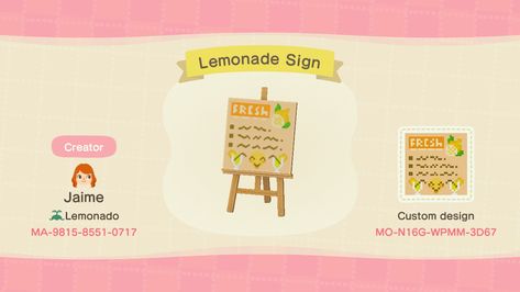 Twitter Acnh Lemonade, Acnh Sign Design, Acnh Marketplace, Acnh Summer Island, Cottage Core Animal Crossing, Acnh Summer, Acnh Custom Design, Smoothie Menu, Animal Crossing Pc