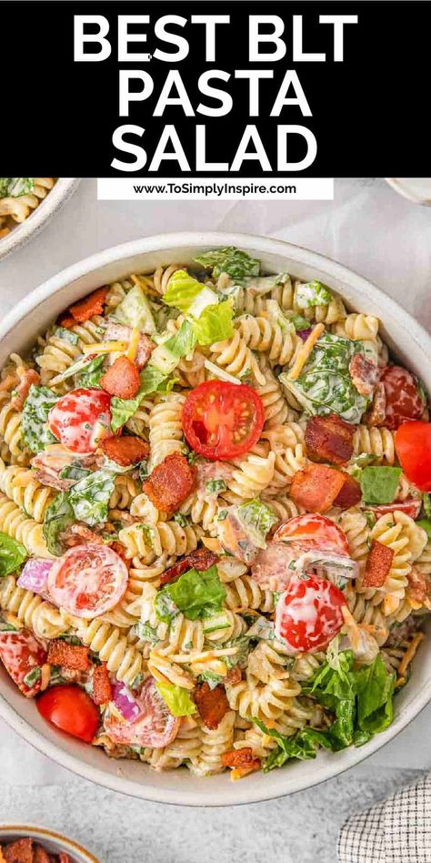 This easy BLT pasta salad recipe is a twist on the classic BLT sandwich! It includes crispy bacon, fresh juicy tomatoes, crunchy lettuce, and cheddar cheese tossed with tender pasta in a creamy homemade ranch dressing, perfect for a summer BBQ spread or family potlucks! Blt Pasta Salad With Ranch Dressing, Bacon Tomato Pasta Salad, Blt Ranch Pasta Salad, Blt Salad With Pasta, Pasta With Lettuce Salad, Blt Side Dish Ideas, Salad Lady, Blt Pasta Salad Recipe, Bbq Spread