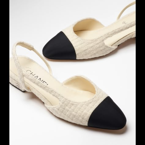 Slingbacks - Wool tweed & grosgrain — Fashion | CHANEL Chanel Low Heels, Chanel Shoes 2023, Quiet Luxury Shoes, Flat Chanel Slingback, Chanel Slingback Heels, Sling Back Chanel, Chanel Slingback Flats, Chanel Tweed Shoes, Chanel Shoes Outfit