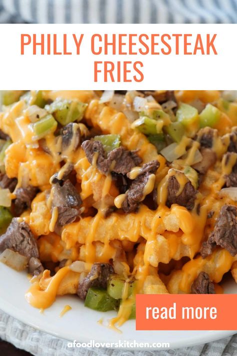 Philly Cheesesteak Fries combine crispy French fries, thinly sliced steak, sautéed onions, peppers, mushrooms, and gooey Cheez Whiz for a delicious appetizer. Cheesy Steak Fries, Philly Cheesesteak Fries, Easy Lunch Recipe Ideas, Cheesesteak Fries, Lunch Recipe Ideas, Cheesesteak Sandwich, Cheez Whiz, Steak Bites Recipe, Sautéed Onions