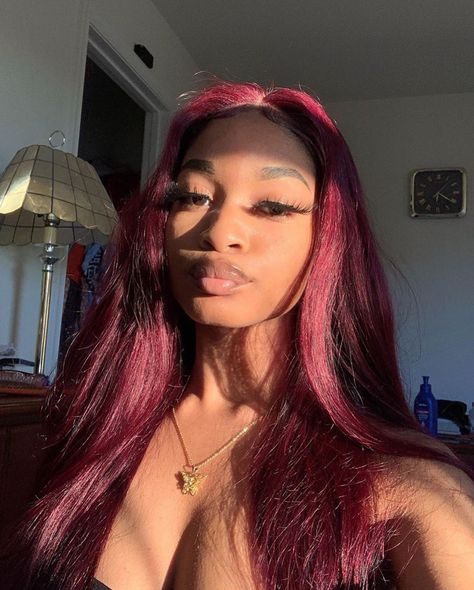 Always love this burgundy color on girls 😍😍😍 -  IG Luvaales with #strraigthair light #burgundyhair #lacefrontwig 180% density in 22 inches Dark Red Hair Aesthetic, Black Girls Red Hair, Pelo Color Borgoña, Red Hair Girl, Maroon Hair, Girl Hair Colors, Red Hair Inspo, Wine Hair, Dyed Red Hair