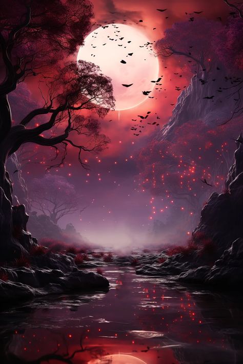 Crimson Blood Moon Art Print Fantasy Landscape Painting Blood Moon Aesthetic, Blood Moon Wallpaper, Fantasy Landscape Painting, Crimson Moon, Dark Roses Tattoo, Carpet Ideas 2023, Fantasy Moon, Carpet Designs, Iphone Wallpaper Aesthetic